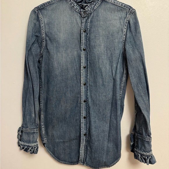 Saint Laurent Long Sleeve Denim Shirt with Ruffled Collar - Picture 2 of 8